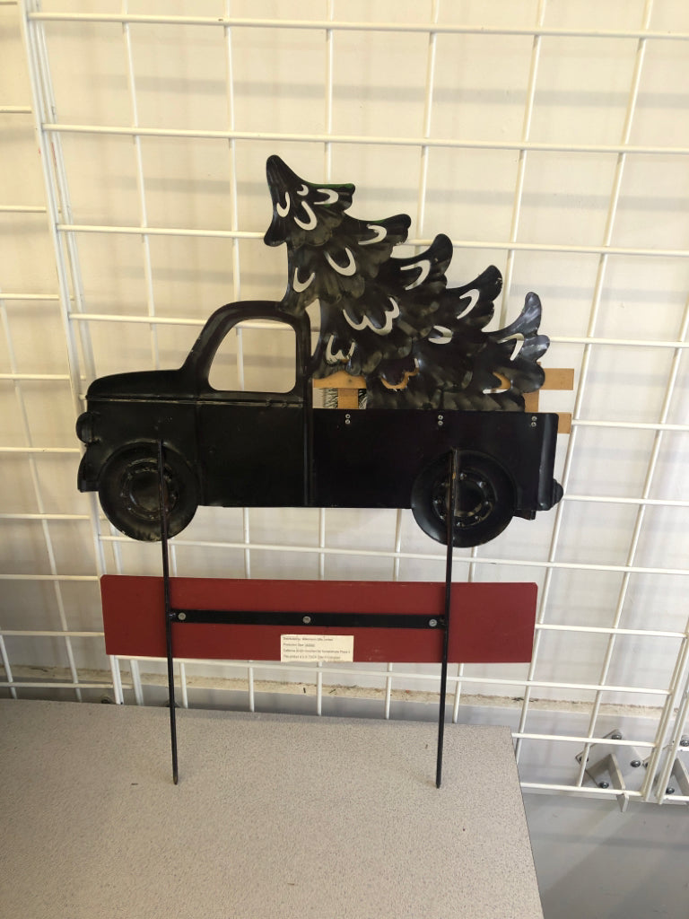 METAL RED TRUCK "MERRY CHRISTMAS" YARD STAKE SIGN.