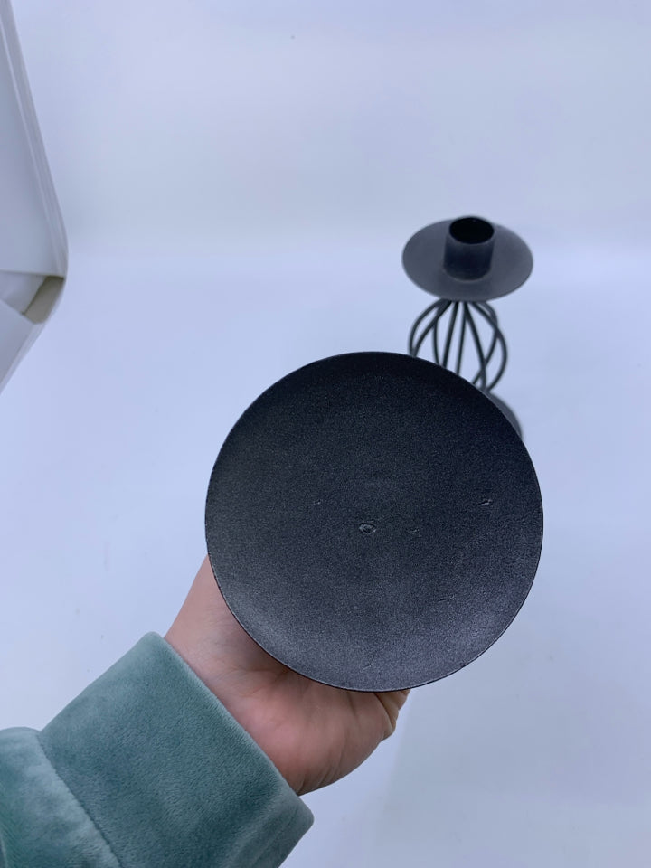 2 GREY METAL CHANGE LOOK TAPERED CANDLE HOLDERS.