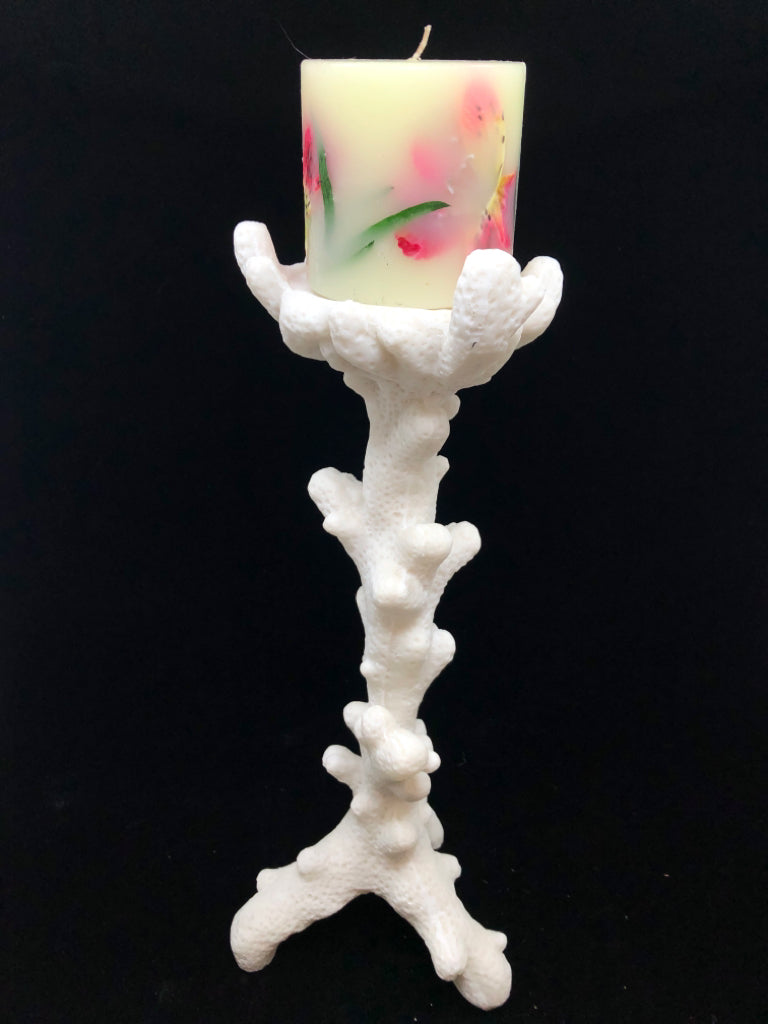 RESIN CORAL CANDLESTICK HOLDER W/FLOWER CANDLE.