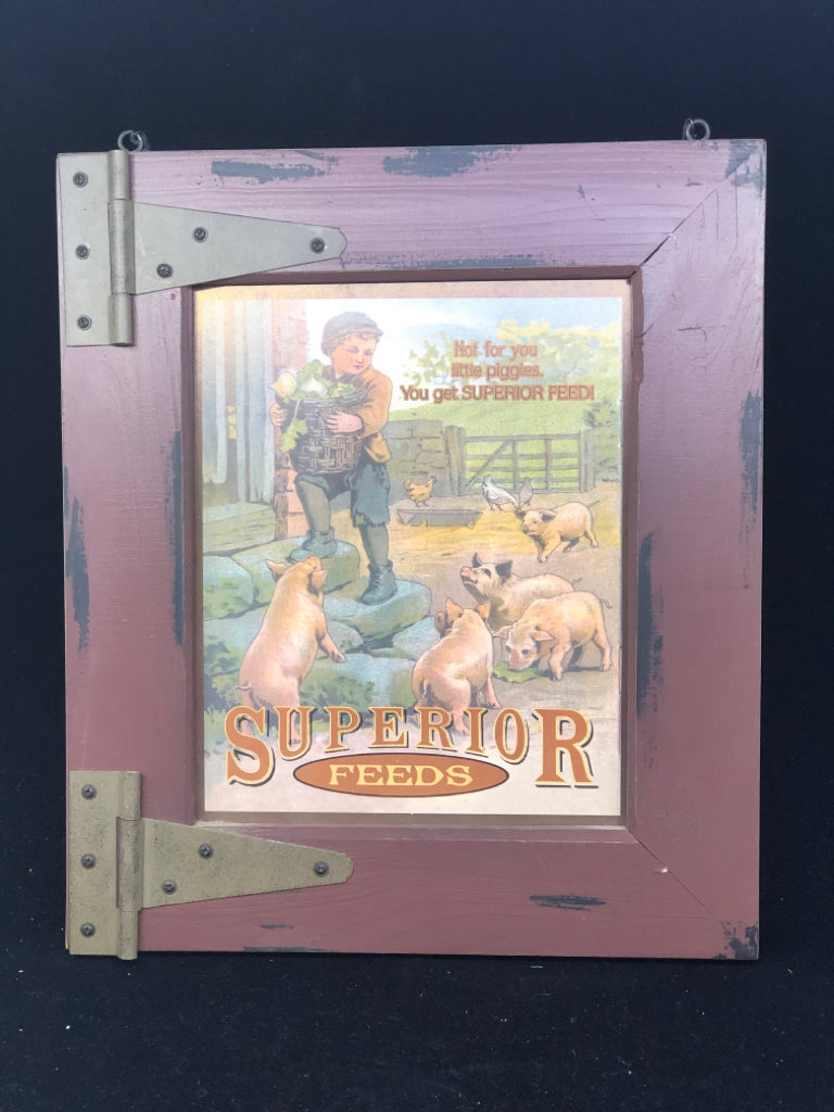 PRIMITIVE SUPERIOR FEEDS IN RED FRAME WALL ART.