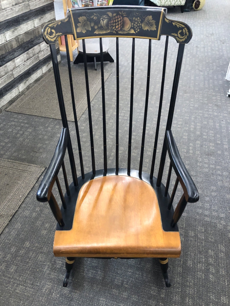 VTG BLACK WOODEN ROCKING CHAIR W/PAINTED FRUITS.