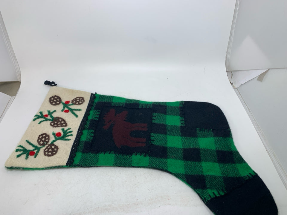 VTG WOOL GREEN PLAID STOCKING W/ STANDING MOOSE .