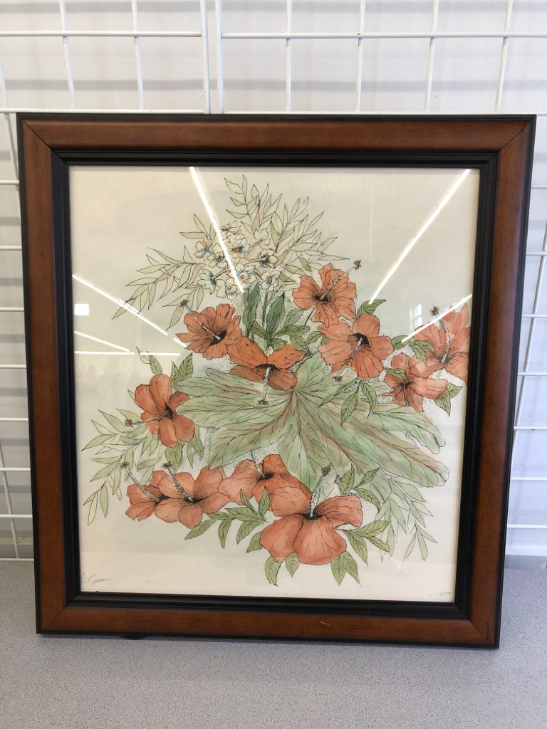 WATERCOLOR HIBISCUS IN BROWN/BLACK FRAME.