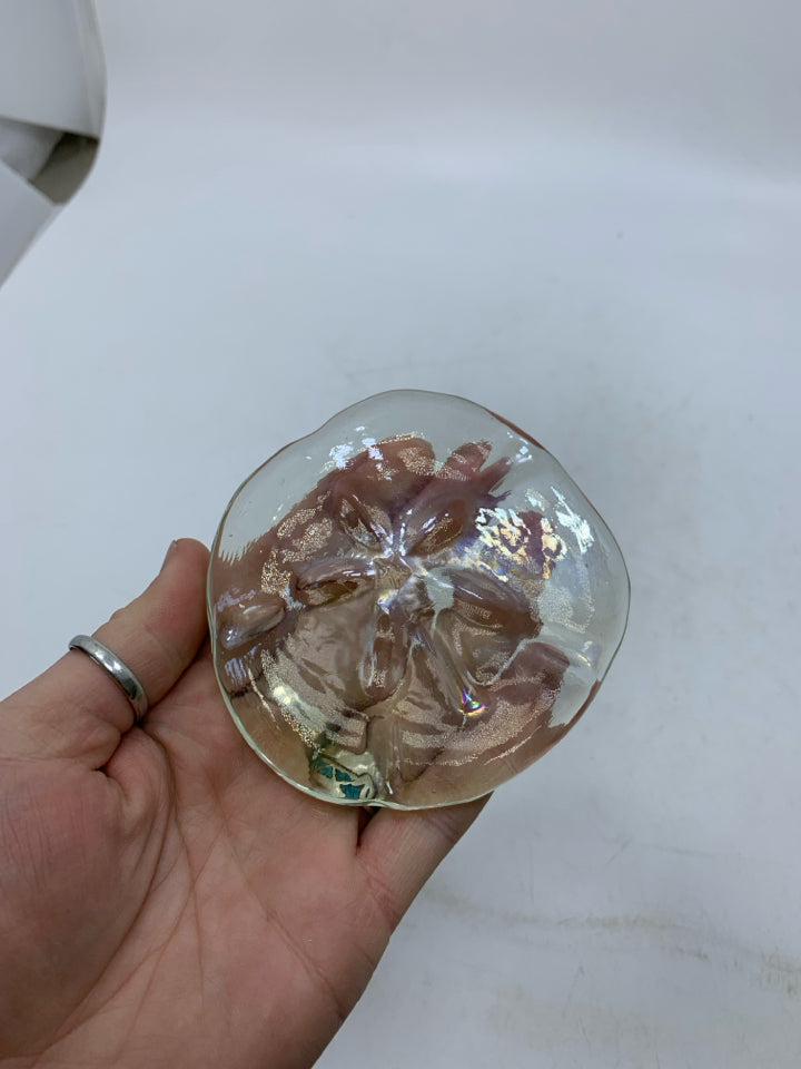 IRIDESCENT GLASS SAND DOLLAR PAPER WEIGHT.