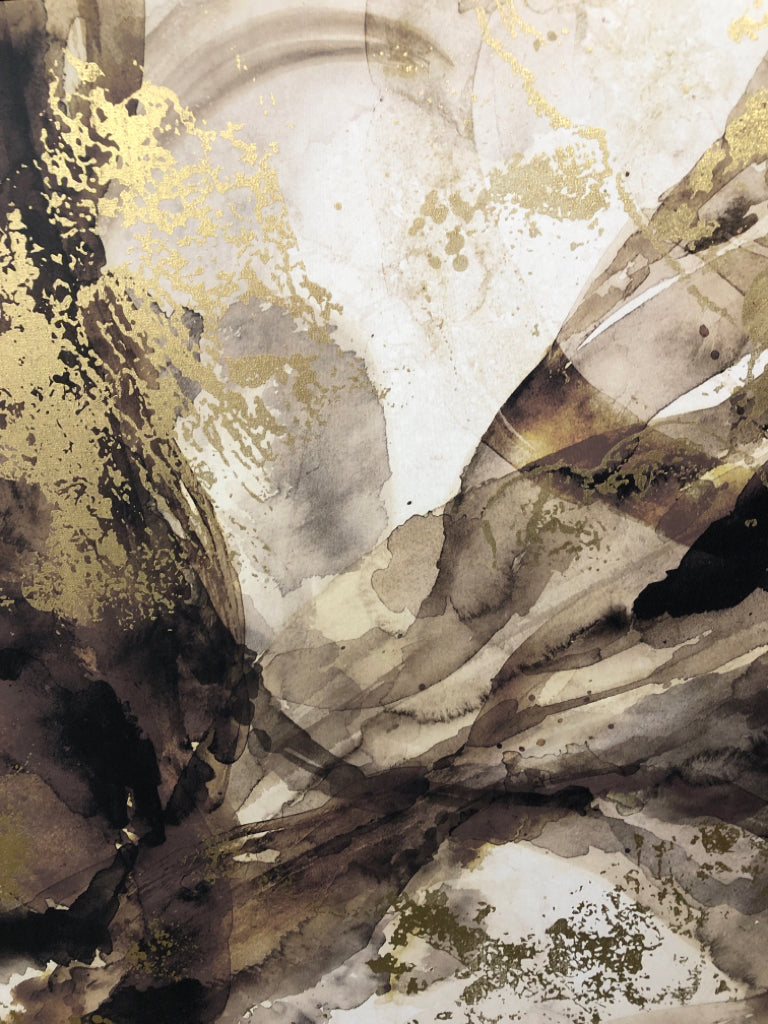 LARGE ABSTRACT ON CANVAS W/GOLD FRAME.