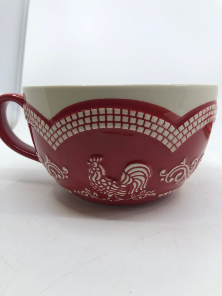 2 PC RED/CREAM COFFEE MUG AND SAUCER ROOSTER.