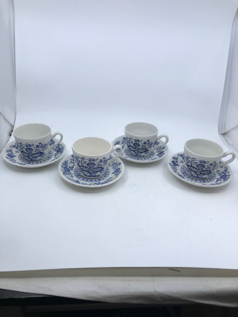 8PC BLUE HERITAGE ONION PATTERN TEA SET- 4 CUPS, 4 SAUCERS.