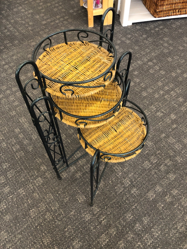 FOLDING 3 TIER IRON/WICKER PLANT STAND.