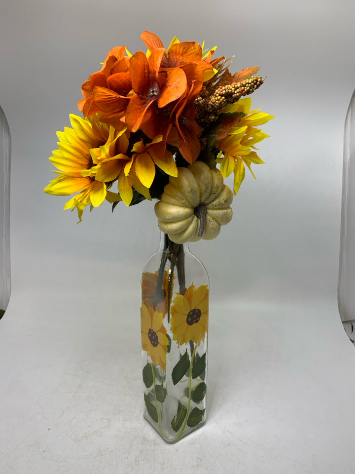 PAINTED SUNFLOWER BOTTLE VASE W/ FAUX SUNFLOWERS.