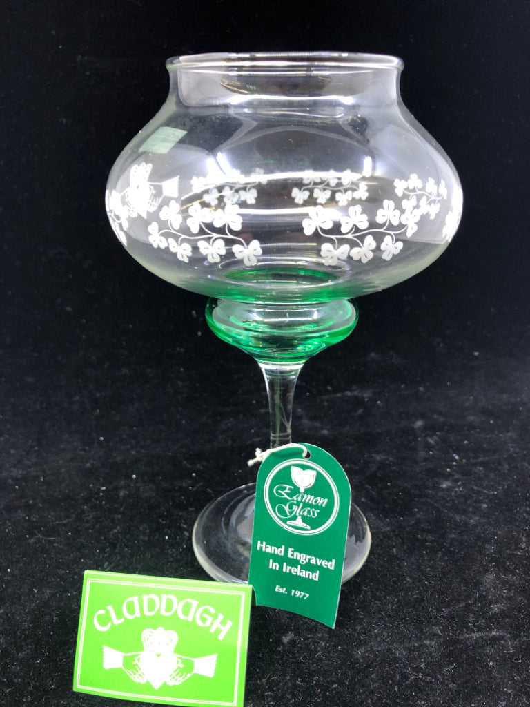 NIB GREEN CRYSTAL CLADDAGH VOTIVE HOLDER.