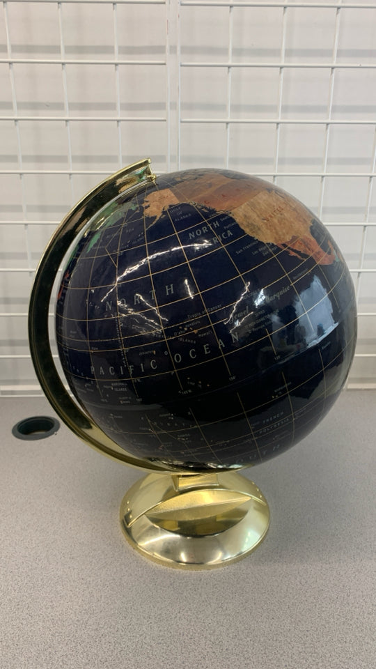 NAVY BLUE WORLD GLOBE W/GOLD PLASTIC BASE.