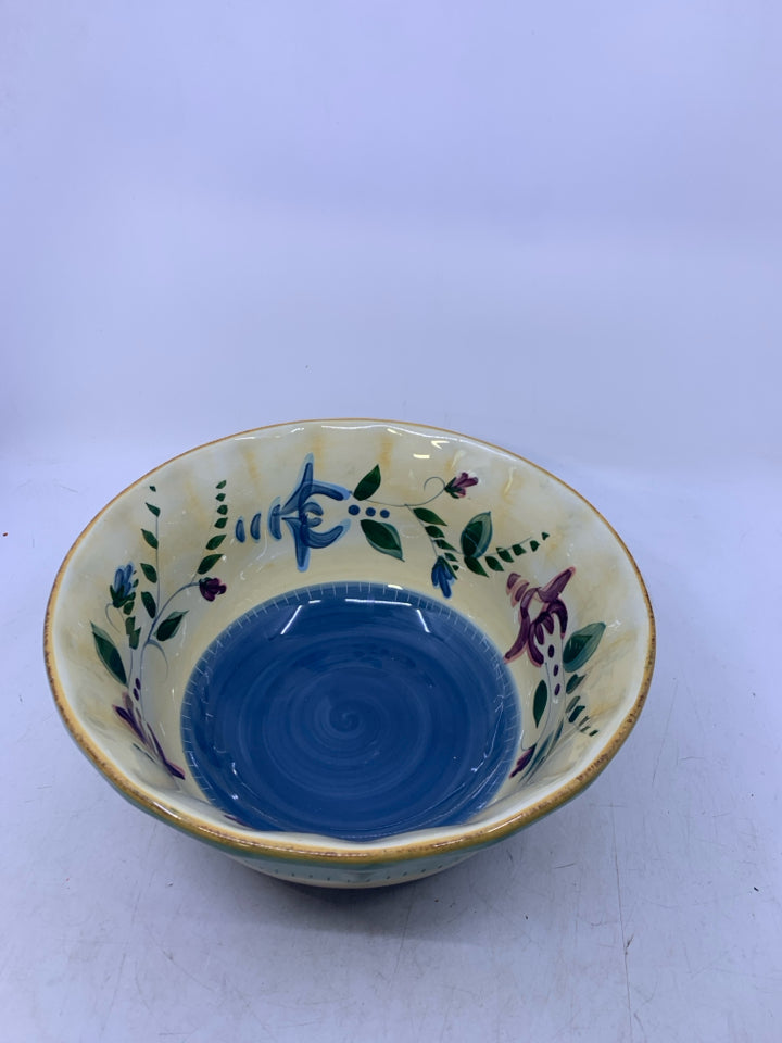 YELLOW BLUE CERAMIC BOWL W/ FLOWERS.