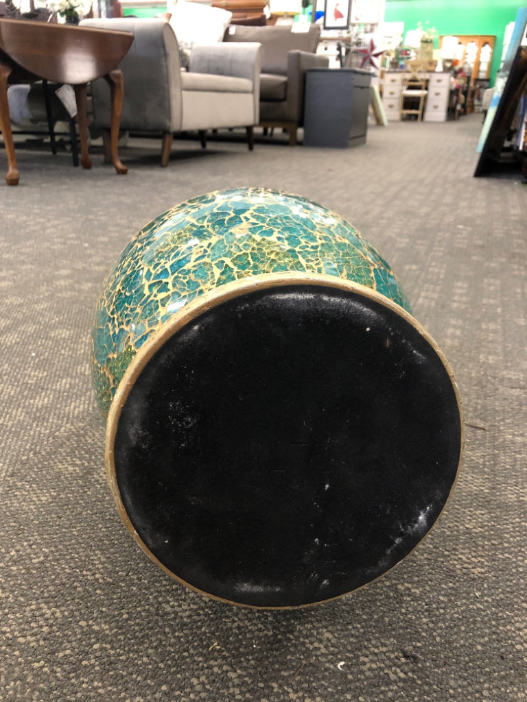 TEAL/GOLD MOSAIC TILE LARGE VASE.