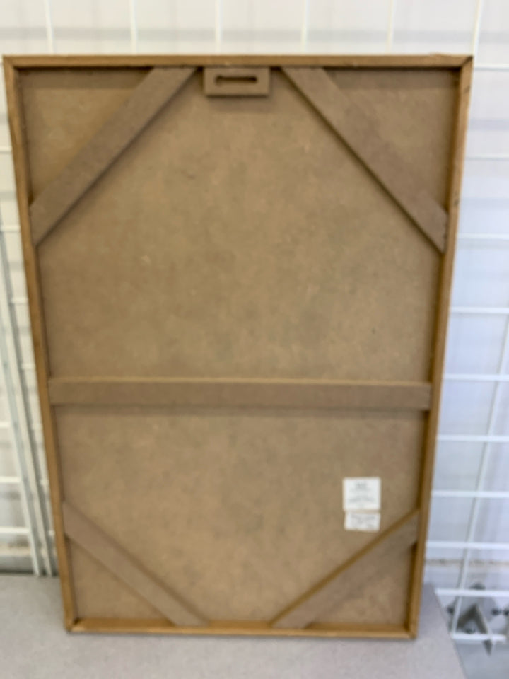 STAMPED WHITE FLOWER ON CANVAS IN WOOD FRAME.