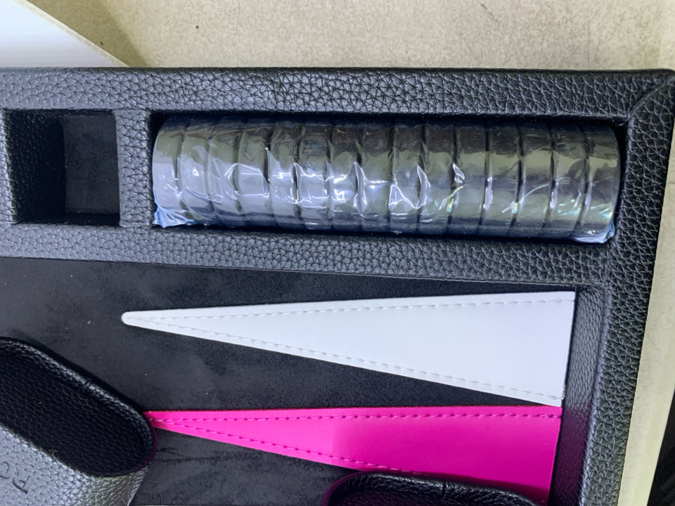 BLACK LEATHER CASE BACKGAMMON SET PINK/WHITE INTERIOR.
