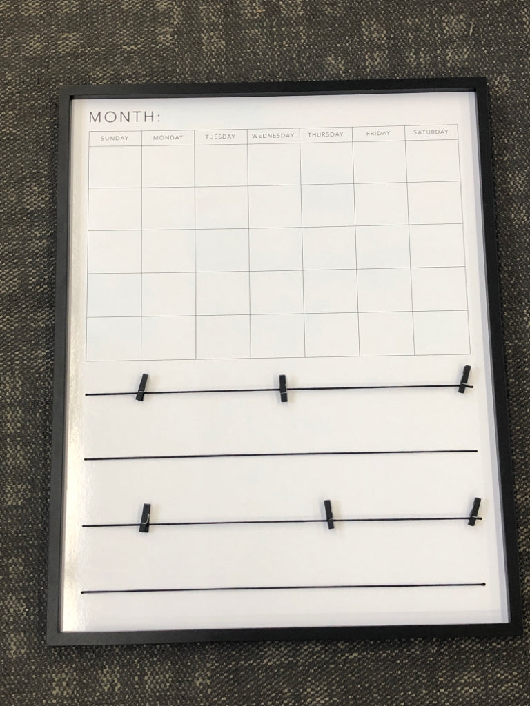 DRY-ERASE MONTHLY CALENDAR W/CLOTHES PIN MEMO BOARD.