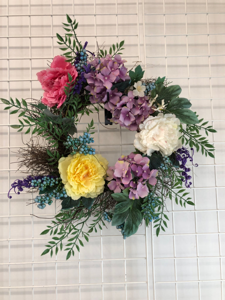 BLUE & PURPLE FLORAL WREATH.
