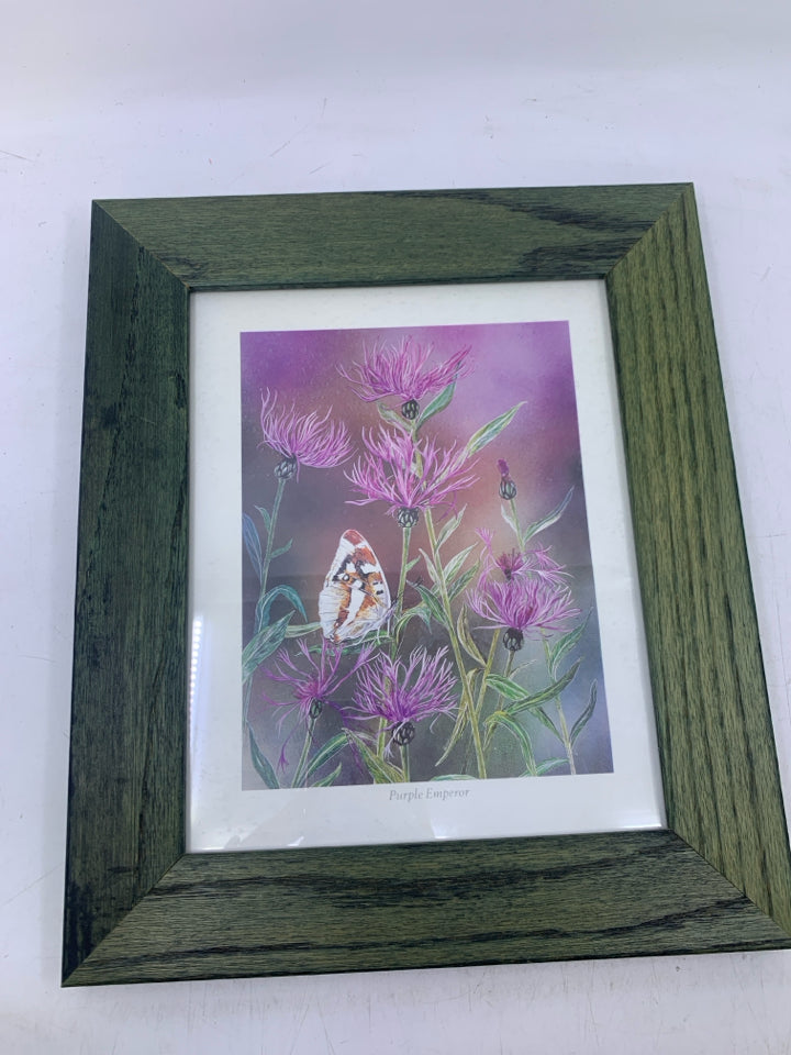 PURPLE EMPEROR FLOWERS W/ BUTTERFLY GREEN FRAME WALL HANGING.
