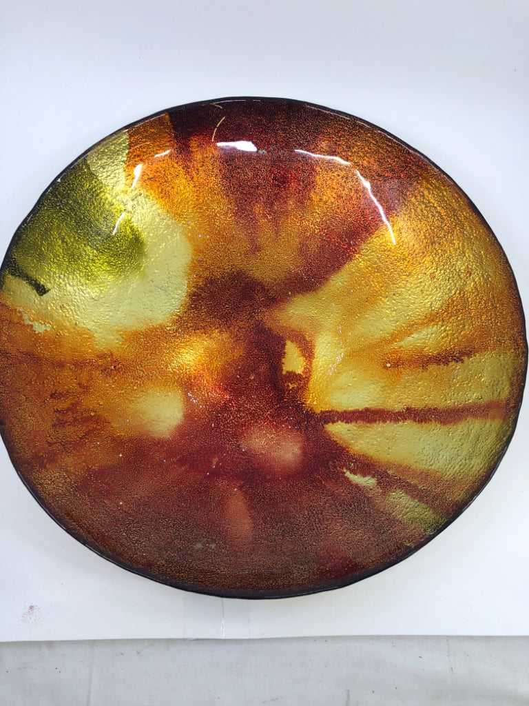 GOLD, RED, ORANGE GLASS CENTERPIECE BOWL.