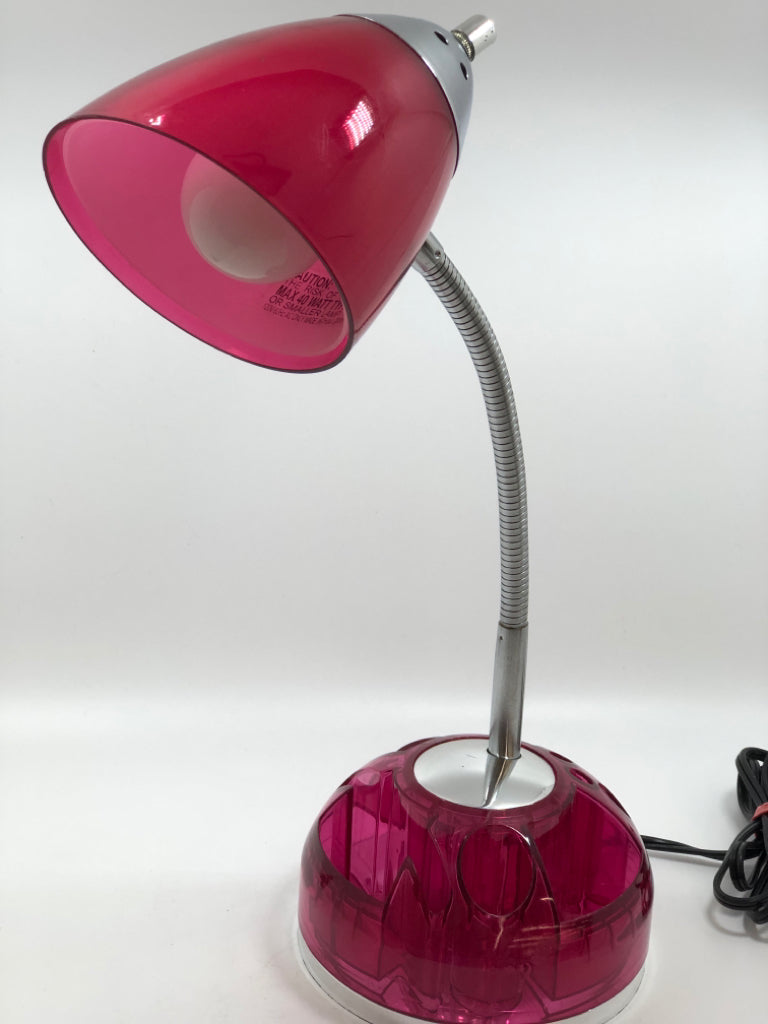 PINK PLASTIC ADJUSTABLE DESK LAMP W/ORGANIZER.