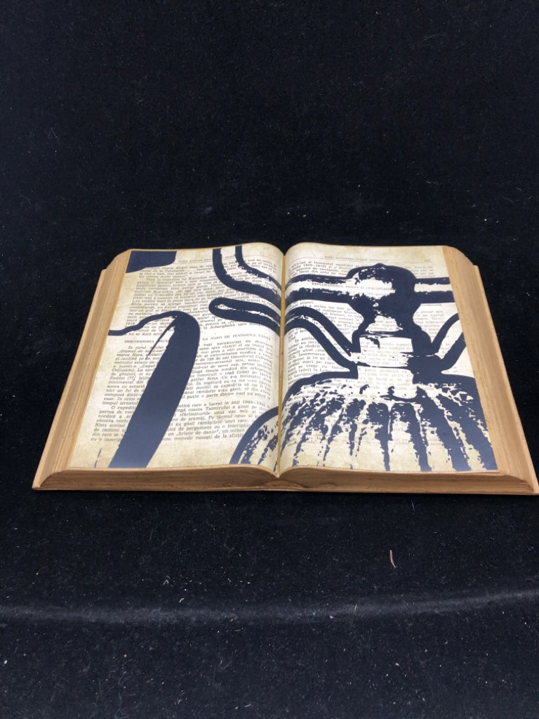 WOOD OPEN BOOK PRINT PAGES-BLACK DESIGN OVER PRINT WALL HANGING.