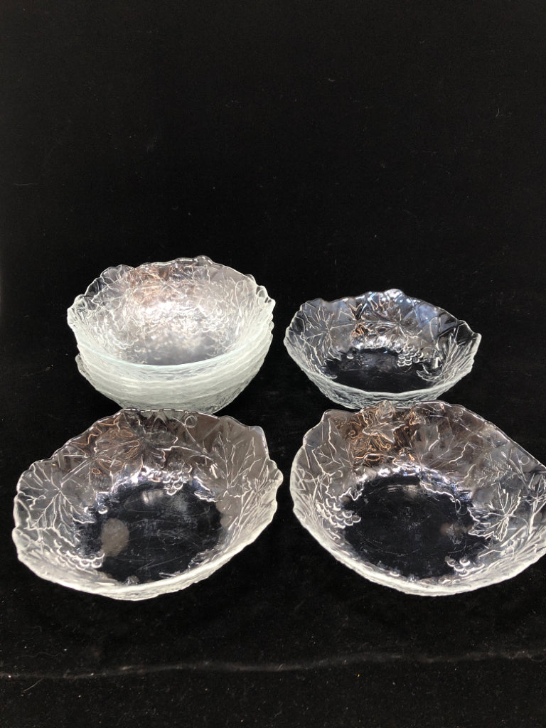 8PC GRAPE & LEAF EMBOSSED GLASS BOWLS.