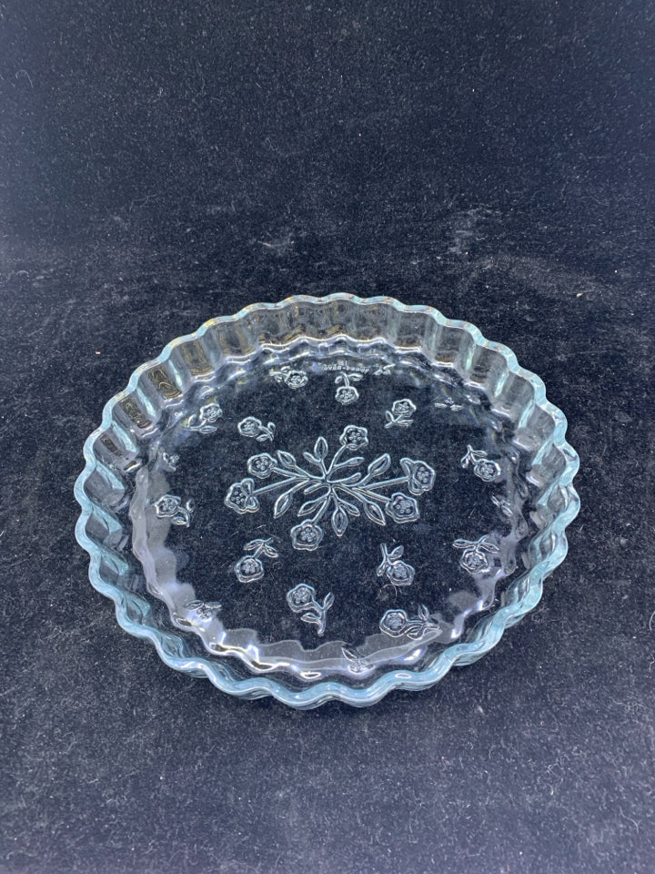 GLASS PIE DISH W/ EMBOSSED FLOWERS.
