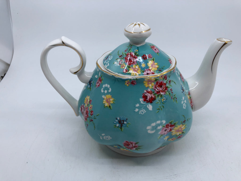 AQUA TEA POT W/ YELLOW/RED ROSES.