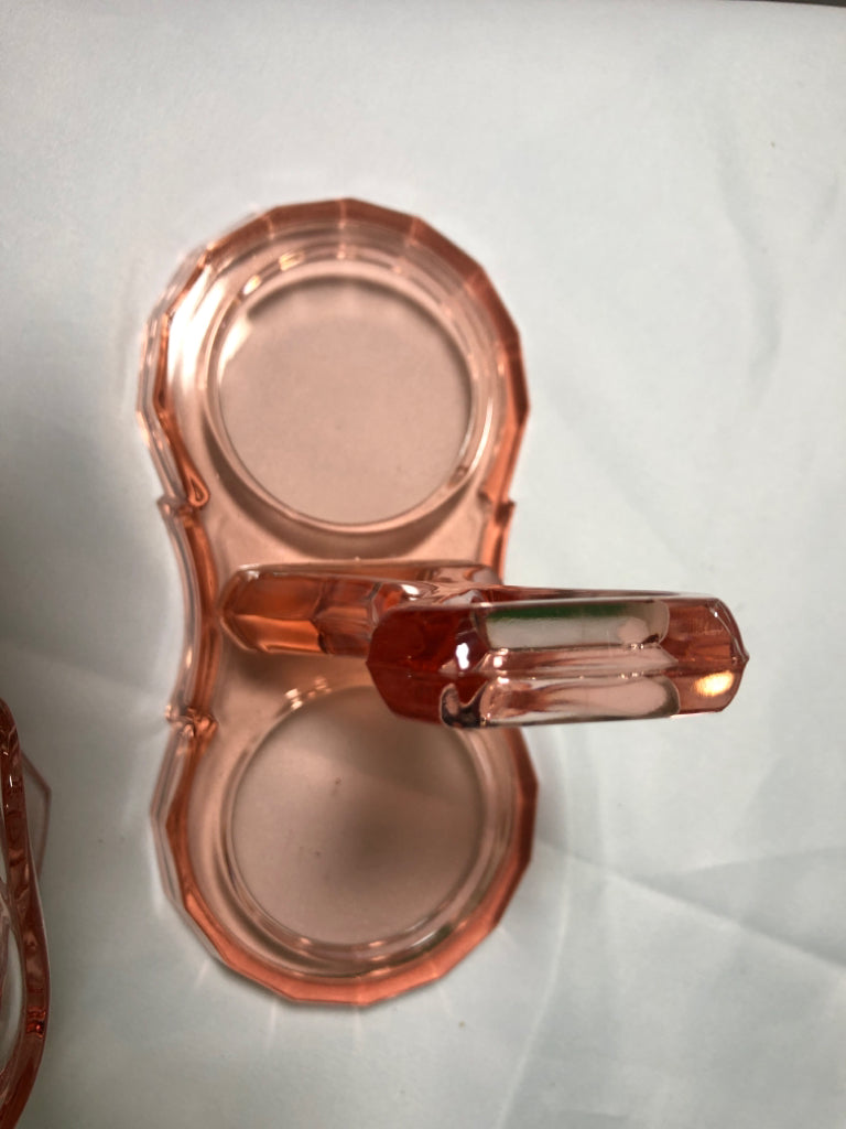 3PC VTG PINK DEPRESSION GLASS SUGAR AND CREAMER SET W STAND.