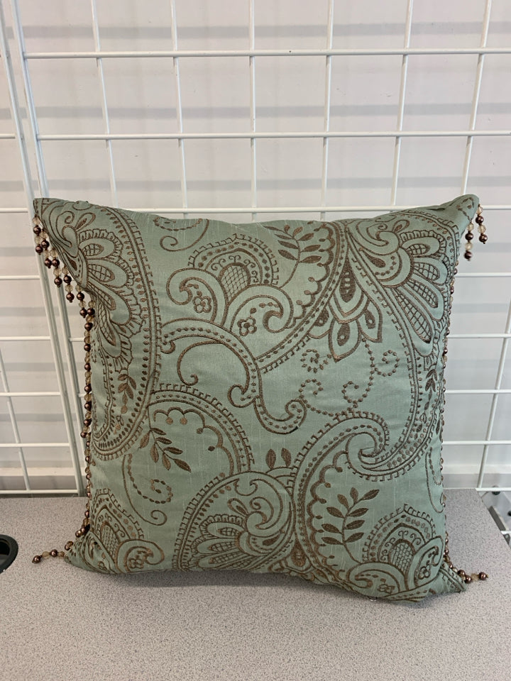 TEAL PAISLEY PILLOW W/BEADED FRINGE.