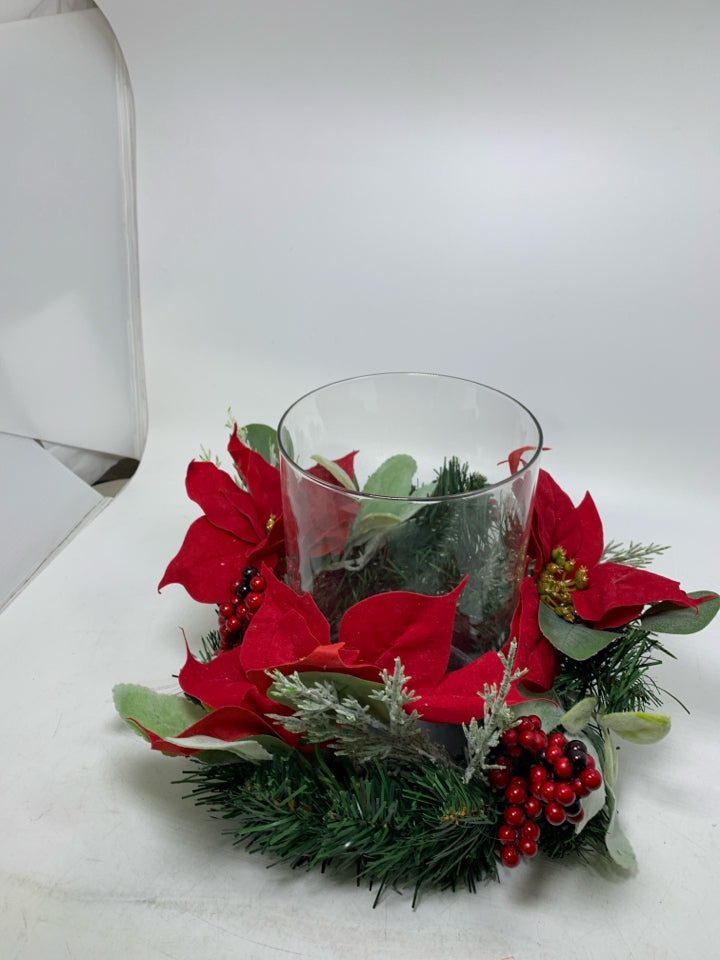 MAINSTAYS CANDLE HOLDER W/ POINSETTIA AND PINE TREE BRANCHES.