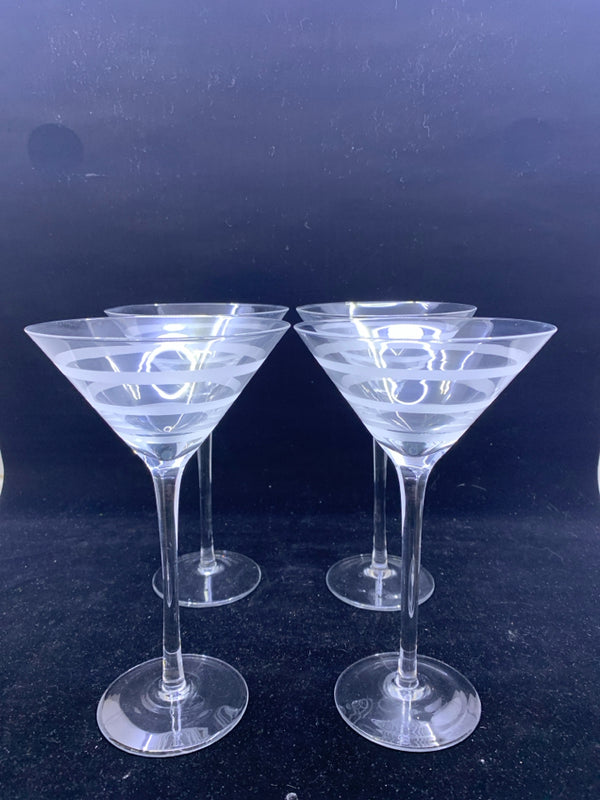 4 FROSTED STRIPED MARTINI GLASSES.