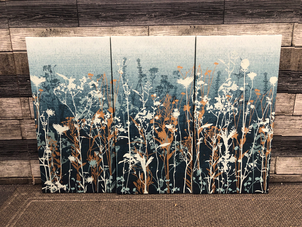 3PC TEAL CANVAS W/TAN AND GOLD WILDFLOWERS.