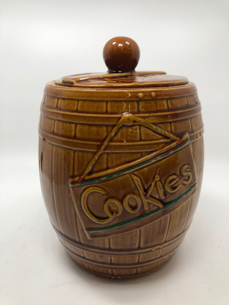 VTG GLAZED BARREL COOKIE JAR.