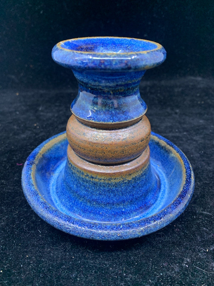 BLUE POTTERY TAPER CANDLE HOLDER.