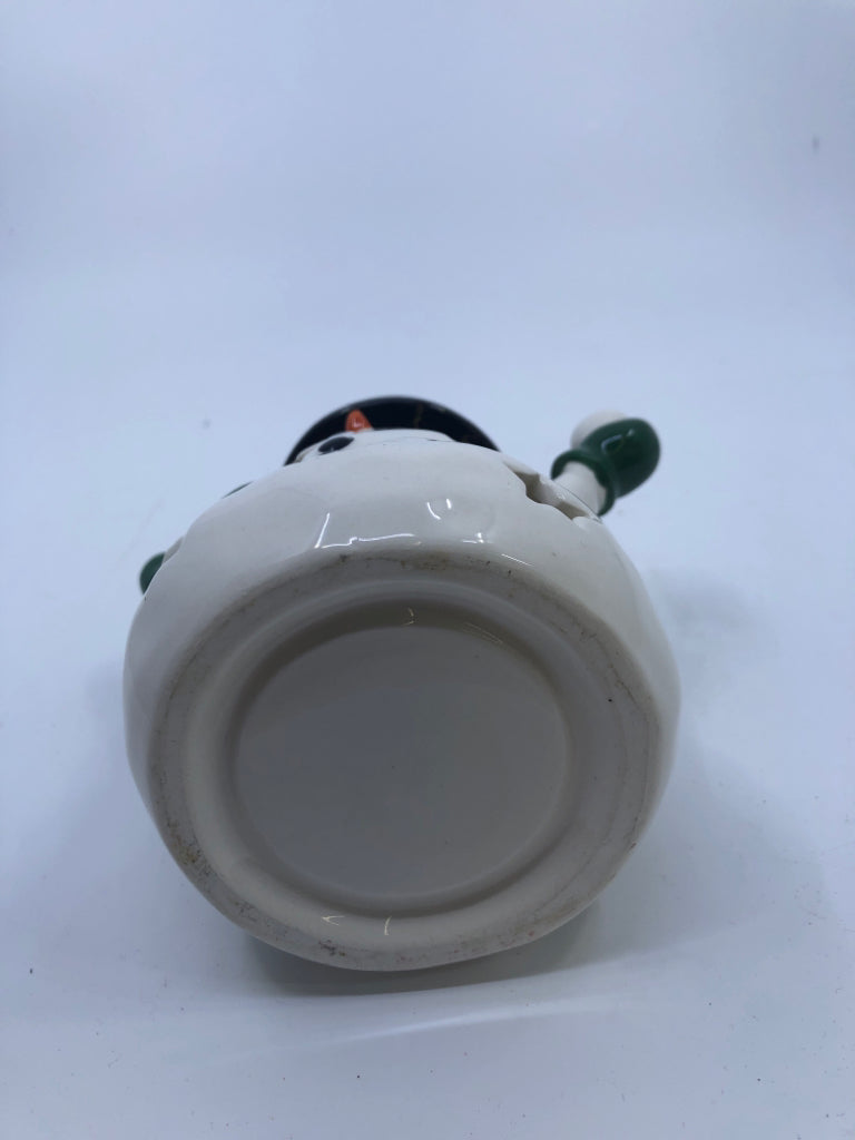 SNOWMAN TEA LIGHT HOLDER W GREEN SCARF AND SNOWBALL.