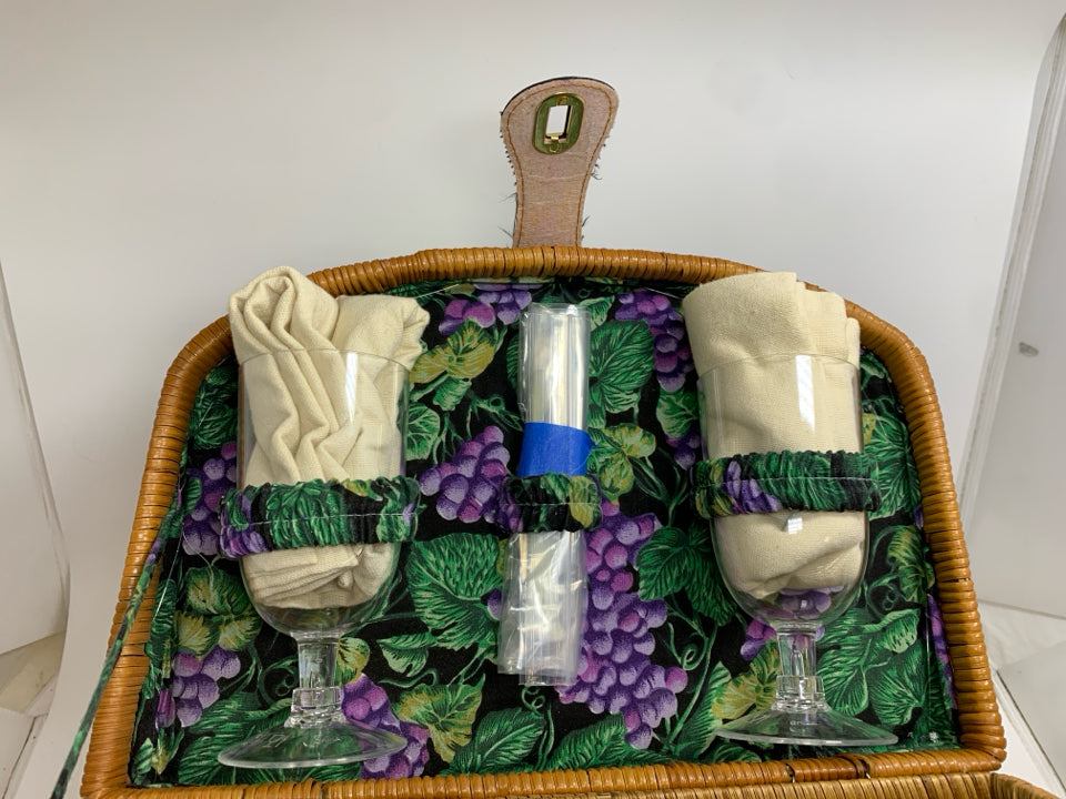 GRAPE PAINTED WICKER PICNIC BASKET W/2 PLASTIC CUPS & BOTTLE OPENER.
