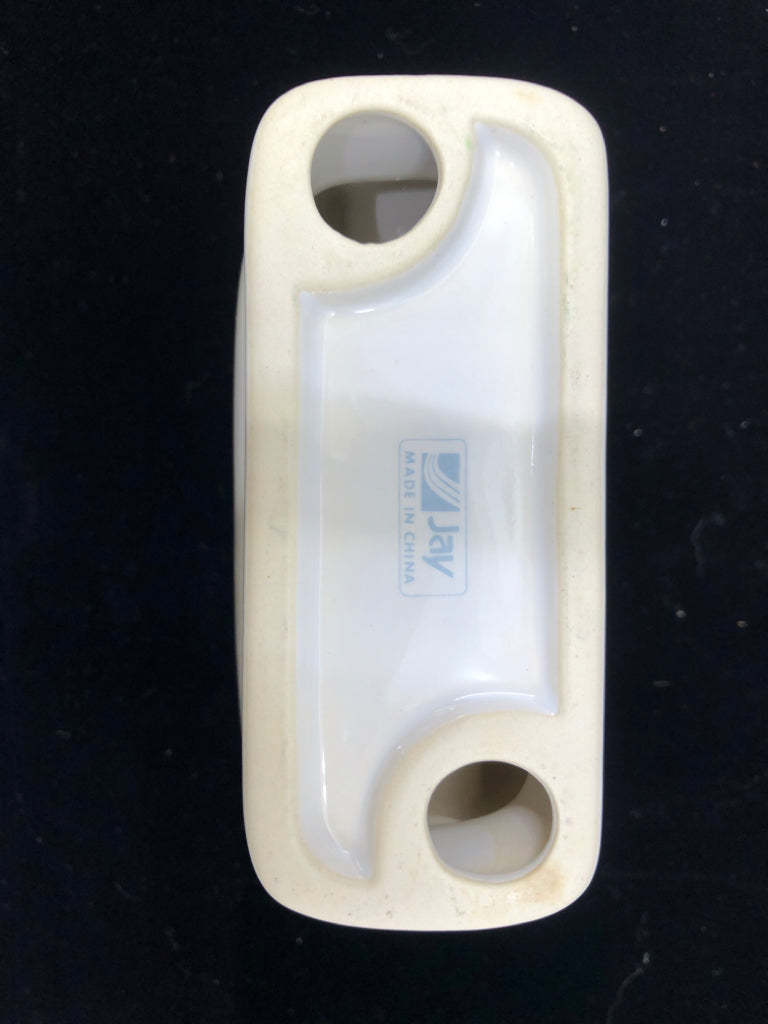 WHITE CERAMIC NAPKIN HOLDER W/BLUE HEART.