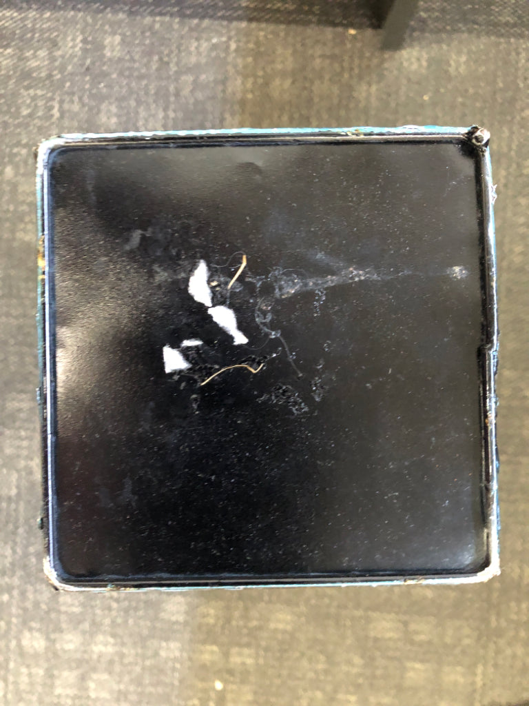 GREEN AND BLUE METAL SQUARE FLOOR VASE.