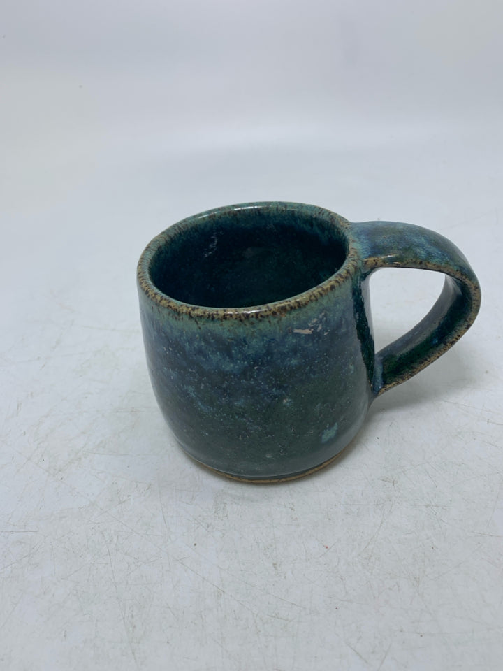 SHORT THICK GREEN/BLUE OMBRE POTTERY MUG.
