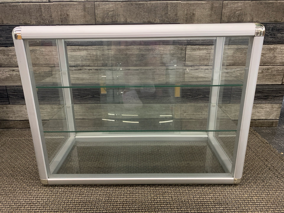 GLASS DISPLAY CASE- SLIDING DOORS, 2 SHELVES.