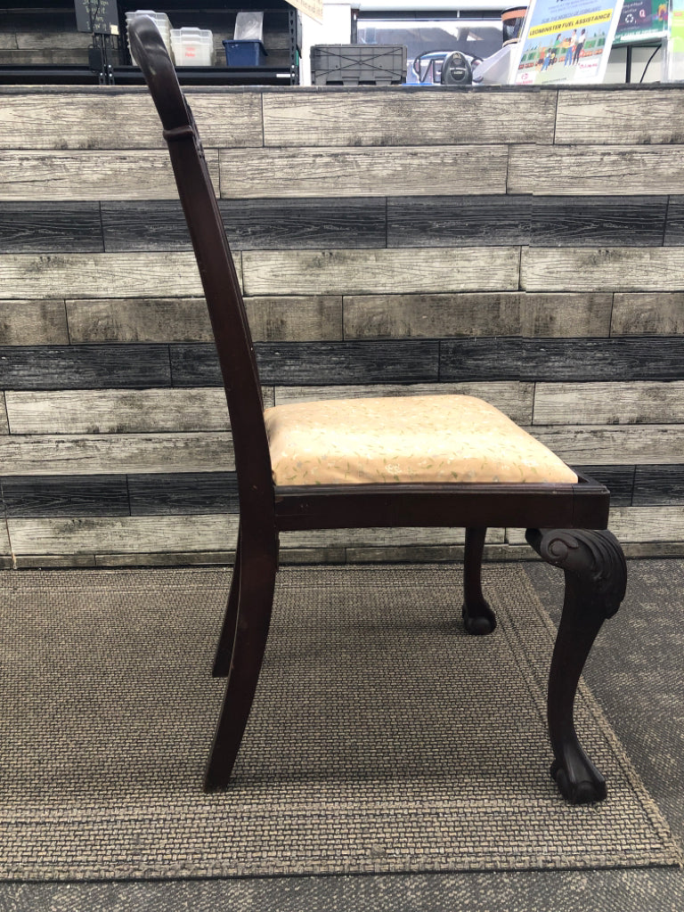 VTG DARK WOOD ACCENT CHAIR W TAN AND PERIWINKLE FLORAL.
