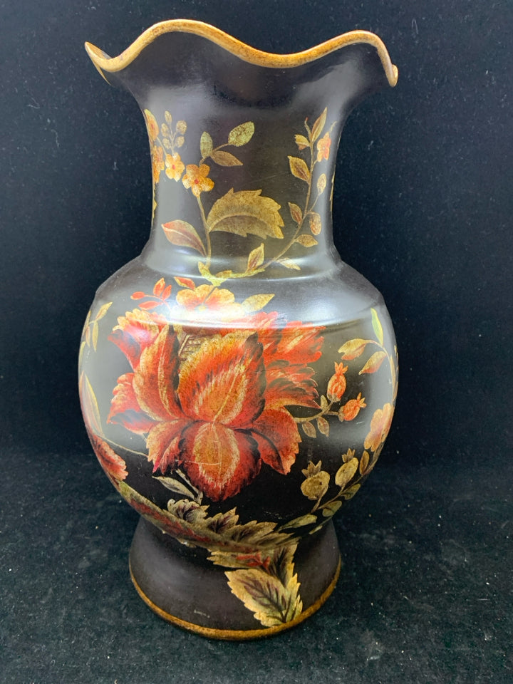 GOLD TRIM/RED PAINTED FLOWERS HEAVY BLACK VASE.