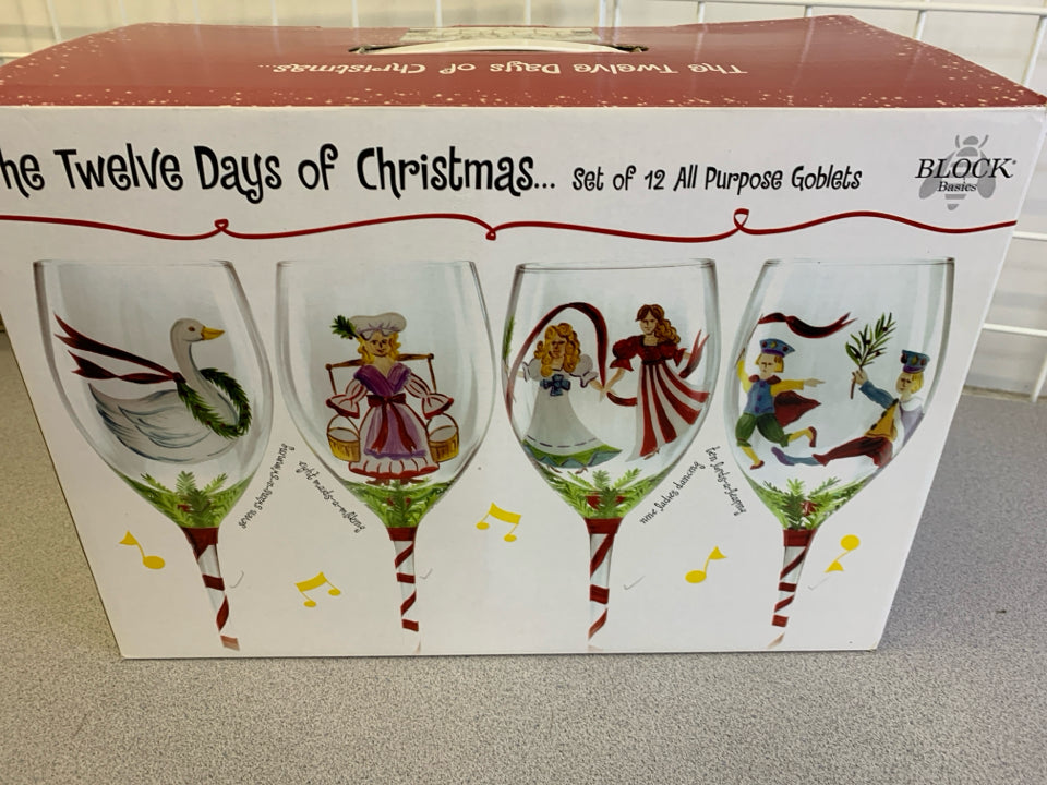 12 DAYS OF XMAS WINE GOBLETS-IN BOX.