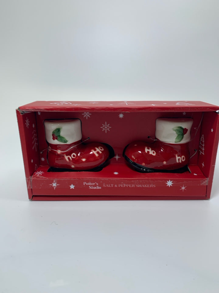 NIB 2 RED BOOTS SALT & PEPPER SHAKERS.