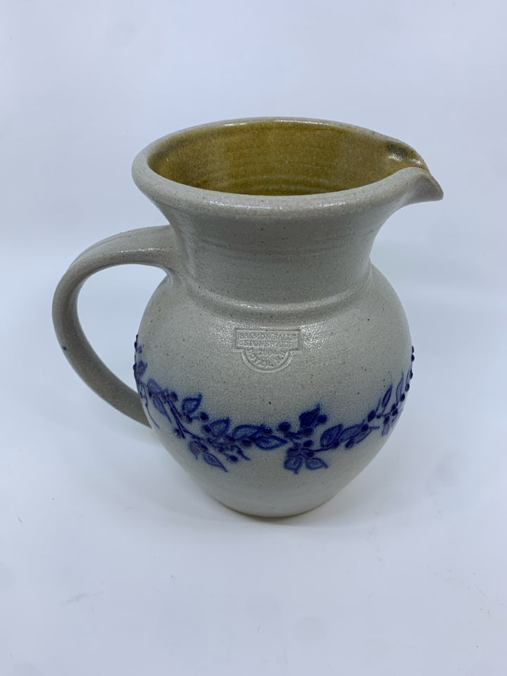 BLUE VINE POTTERY SALT GLAZE PITCHER.
