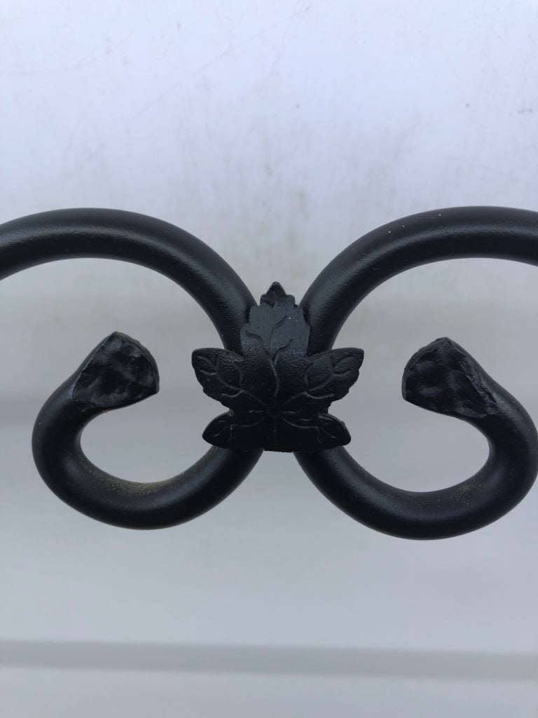 BLACK WROUGHT IRON SHELF W/ LONGABERGER WOOD SHELF.