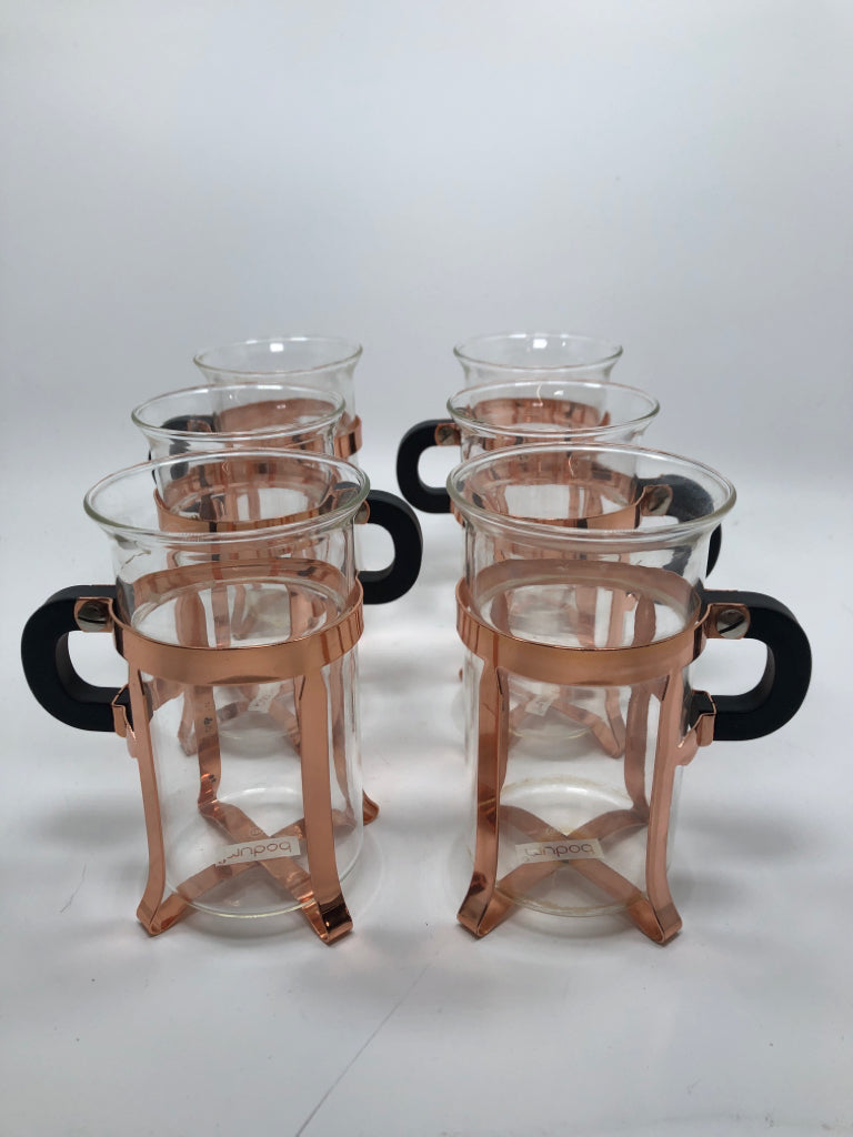 6 GLASS COFFEE CUPS W/COPPER FRAME BLACK HANDLE.