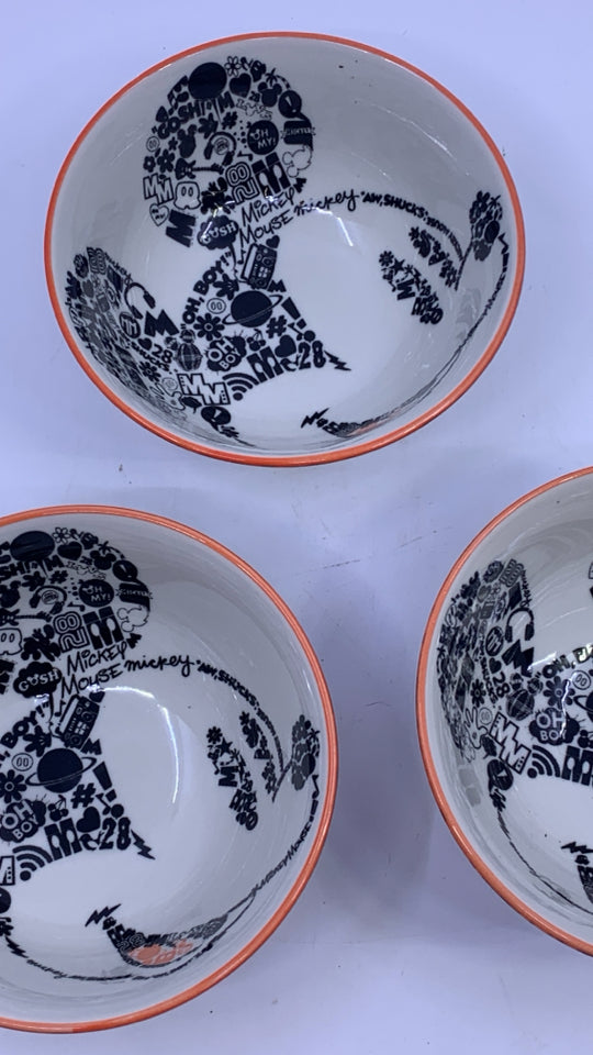 3 SMALL MICKEY MOUSE SCRIPT BOWLS.