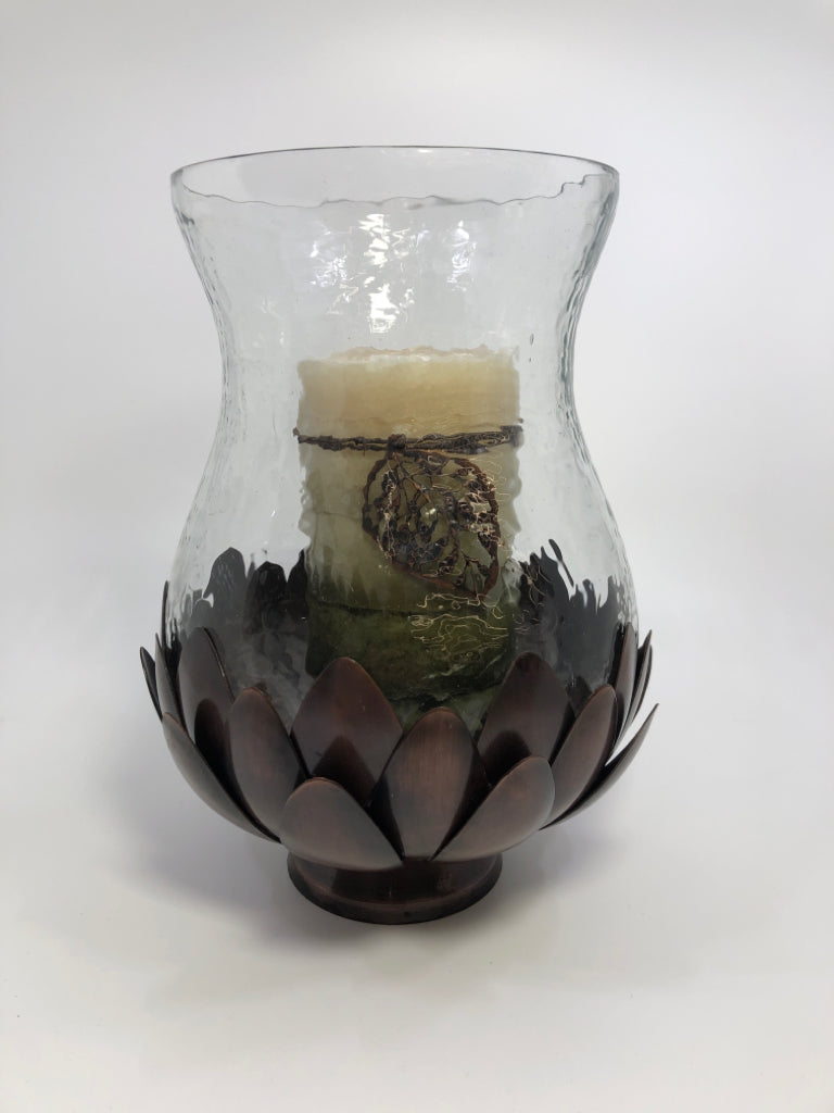 BROWN LOTUS FLOWER HURRICANE CANDLE HOLDER W/PILLAR CANDLE.